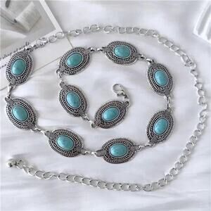 Women Turquoise Concho Chain Belt Western Cowgirl Waist Chain Oval Metal Link